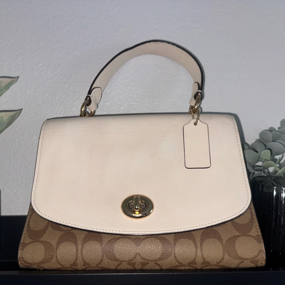 Coach Cream and Brown Satchel with Gold Turnlock